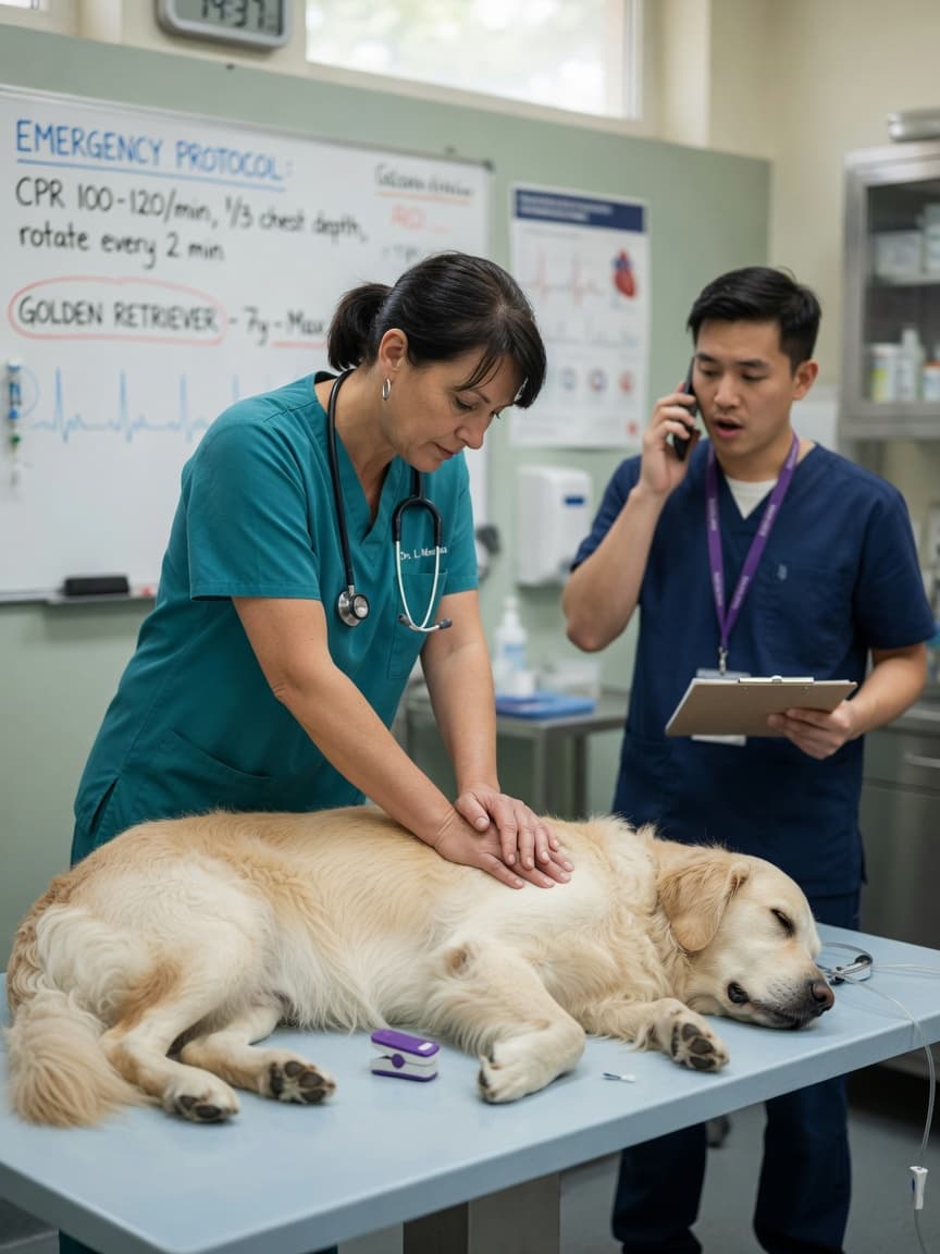 Veterinarian performing chest compressions on golden retriever during emergency CPR procedure