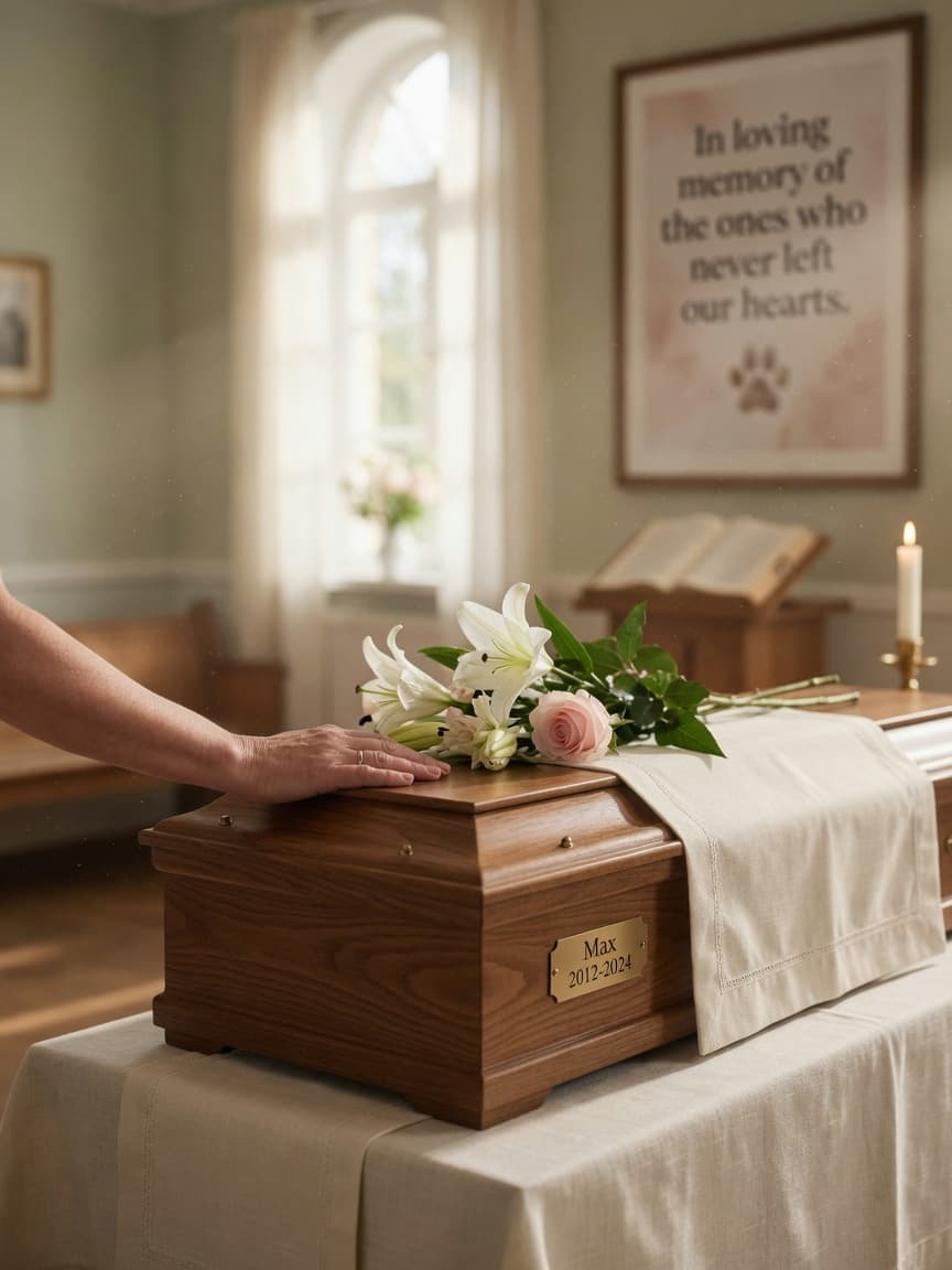 Respectful pet cremation chapel scene with wooden casket, flowers, and gentle hand memorial
