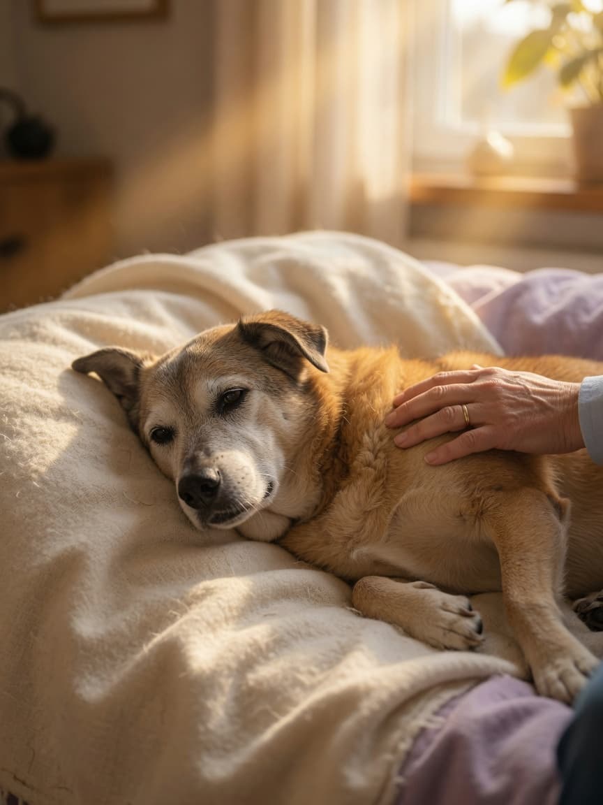 Elderly dog resting peacefully on a soft blanket with owner's gentle hand on its side, bathed in warm window light