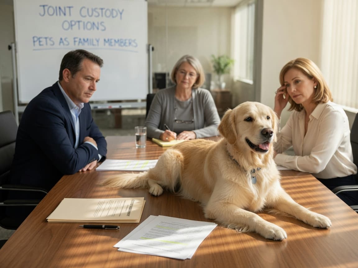 A family law mediation session with a neutral mediator, a divorcing couple, and a golden retriever on the table between them, representing pet custody negotiations.
