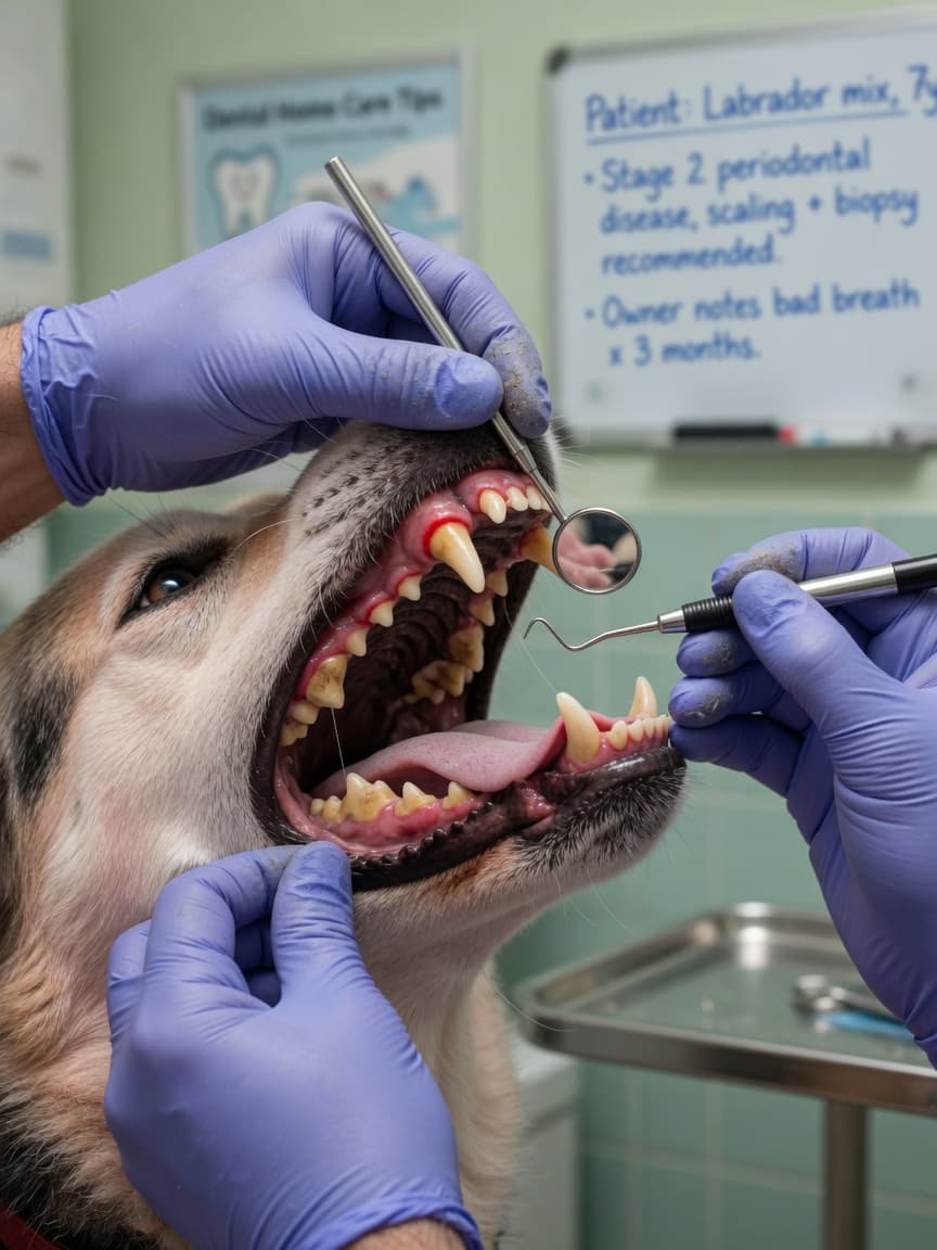 Veterinary dentist examining a dog's inflamed gums and tartar buildup during oral examination