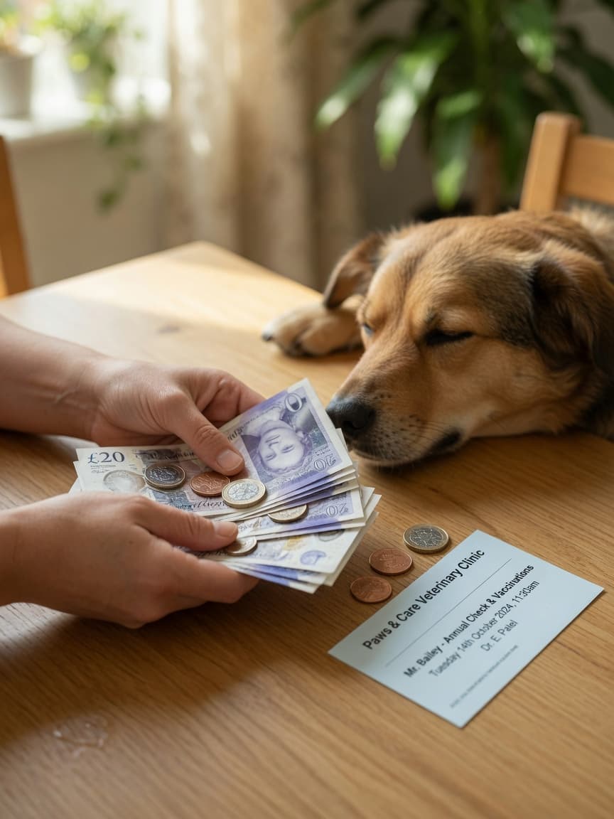 Pet owner's hands holding money next to a resting dog, representing emergency fund planning for pet care