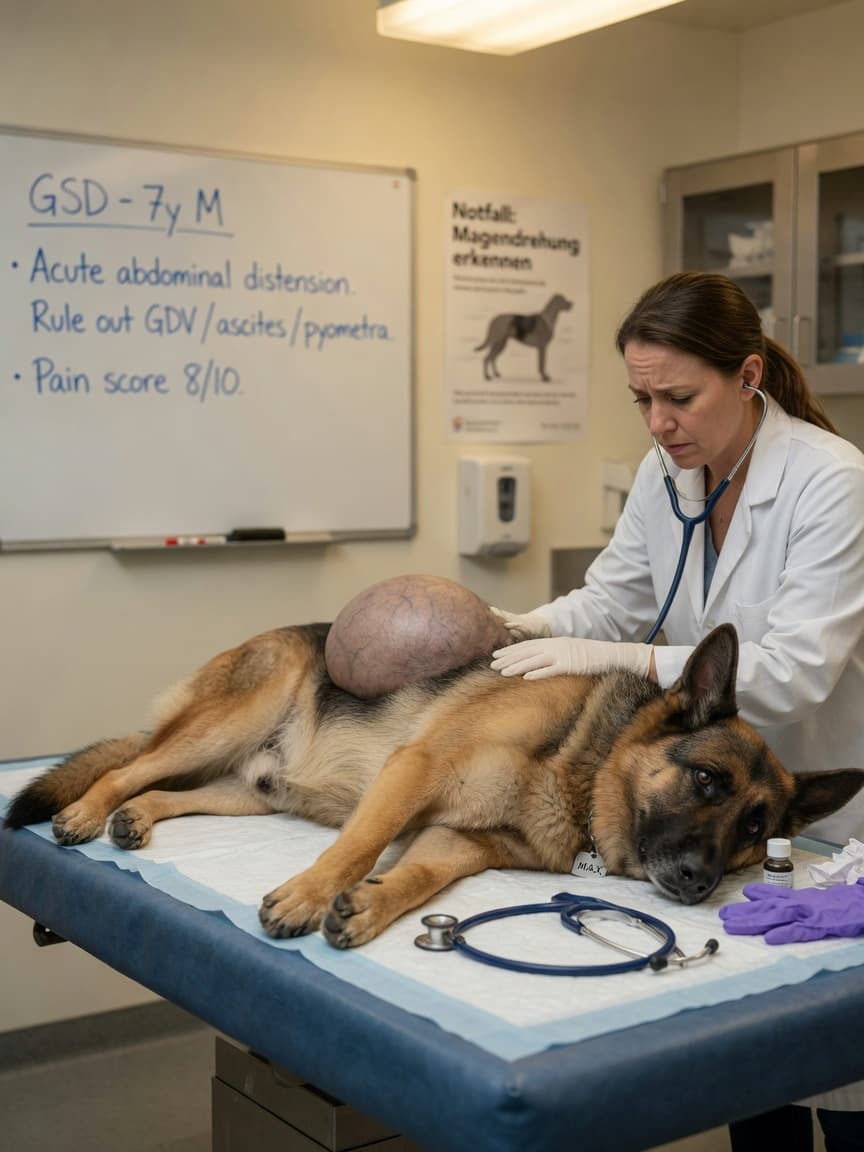 German Shepherd with distended abdomen on veterinary examination table, vet palpating belly