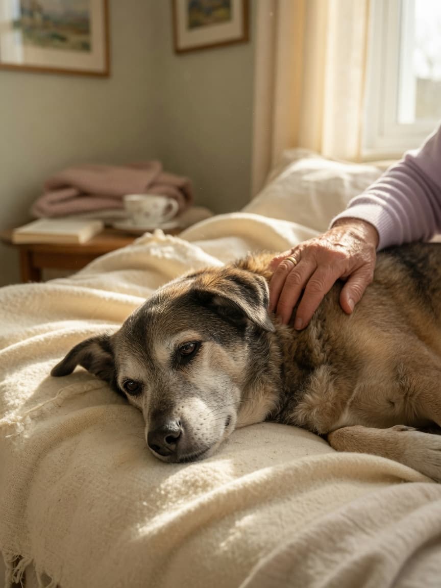 Elderly dog resting peacefully on a soft blanket with owner's hand gently touching its shoulder, bathed in warm window light