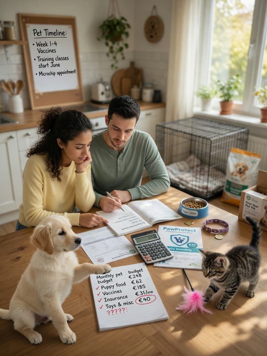 Couple planning pet expenses with puppy and kitten surrounded by first-year care supplies and budget documents