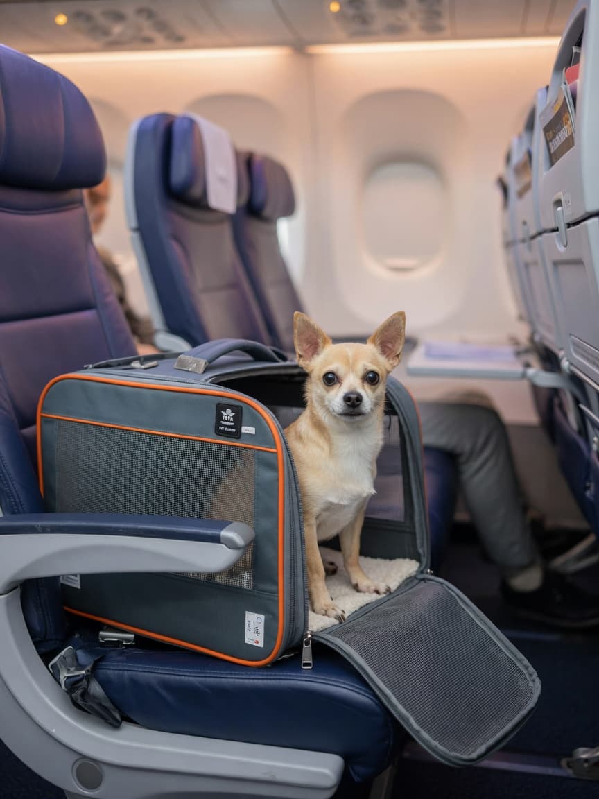 A small dog safely contained in an airline pet carrier positioned under an airplane seat, ready for cabin travel.