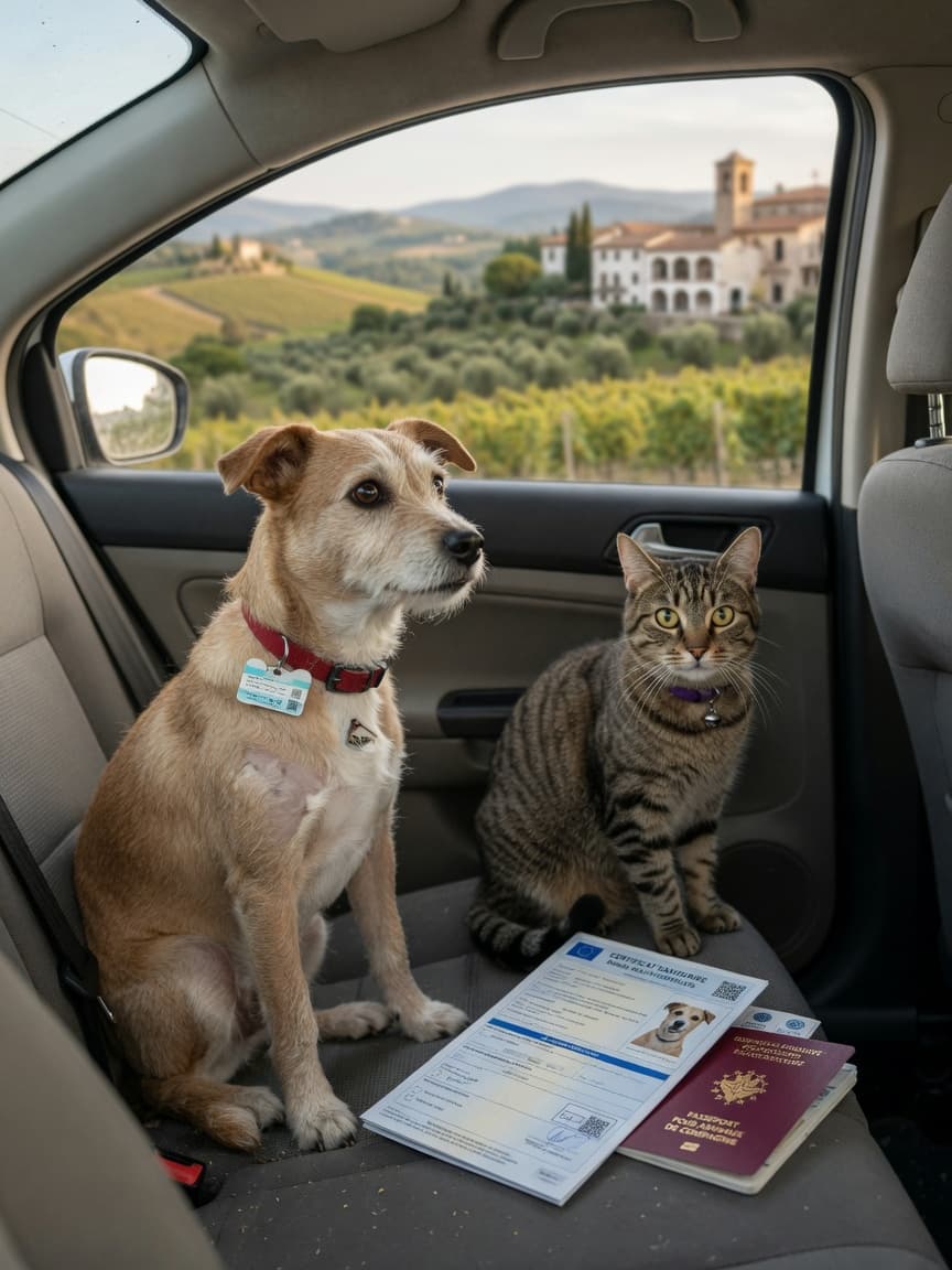 Dog and cat in car preparing for European travel with health documents