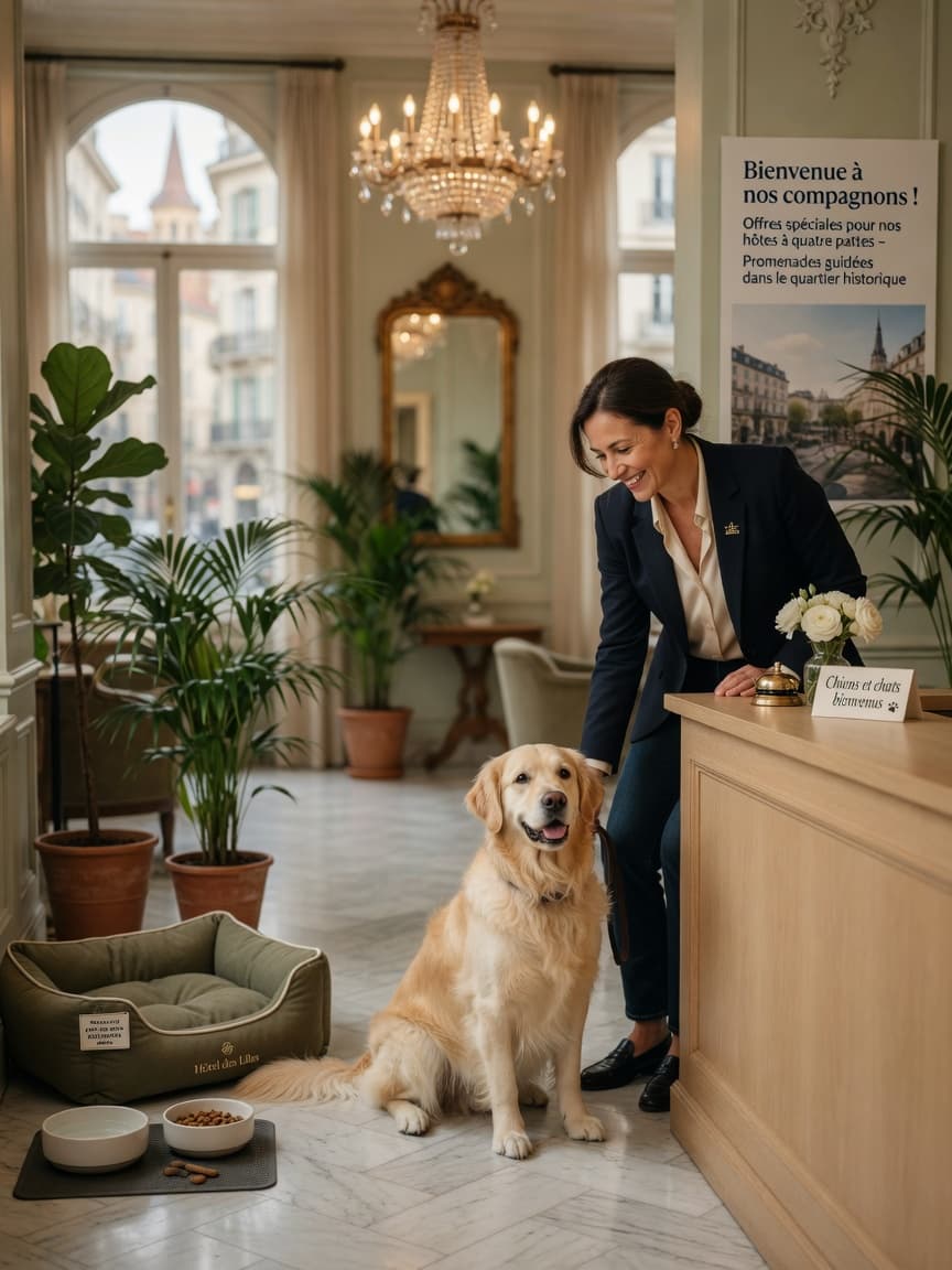 Hotel receptionist warmly greeting a golden retriever in an elegant European hotel lobby with pet amenities visible