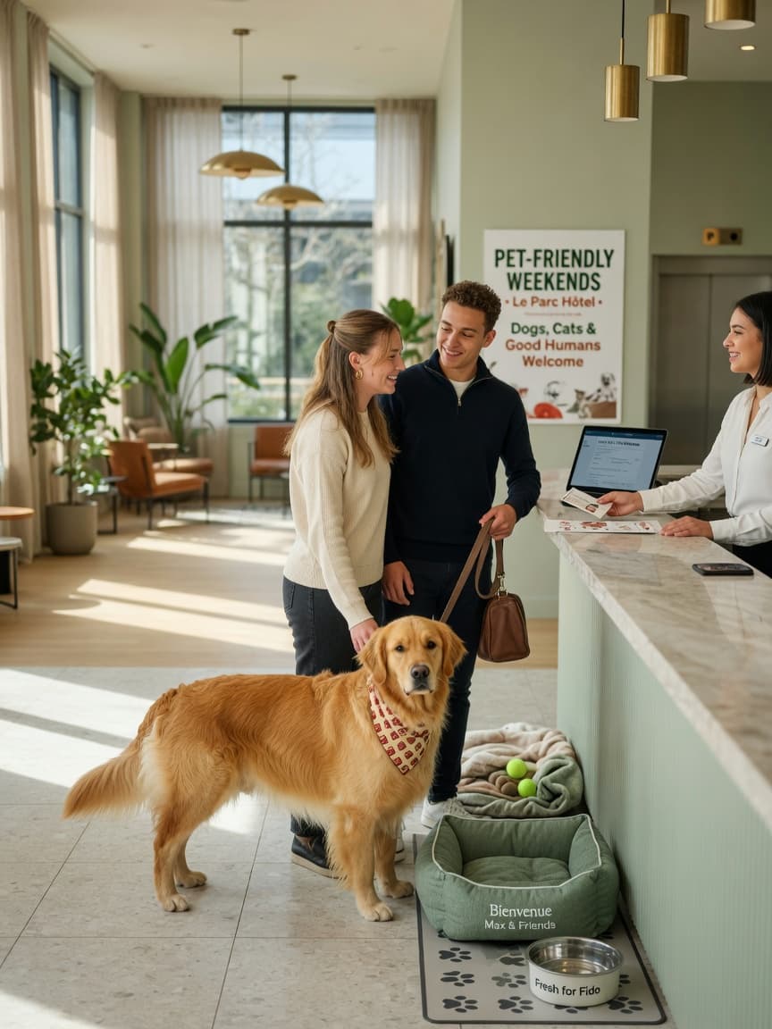 A couple with their golden retriever arriving at a pet-friendly hotel reception desk