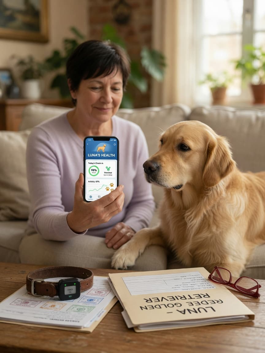 Pet owner and golden retriever looking at a pet health app on smartphone at home with veterinary records nearby
