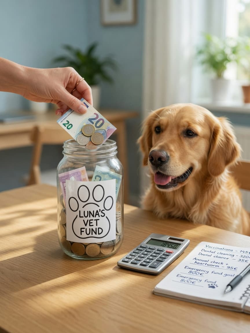 Pet owner's hand adding coins to a savings jar labeled with a paw print, with a golden retriever sitting nearby on a home desk with financial planning materials