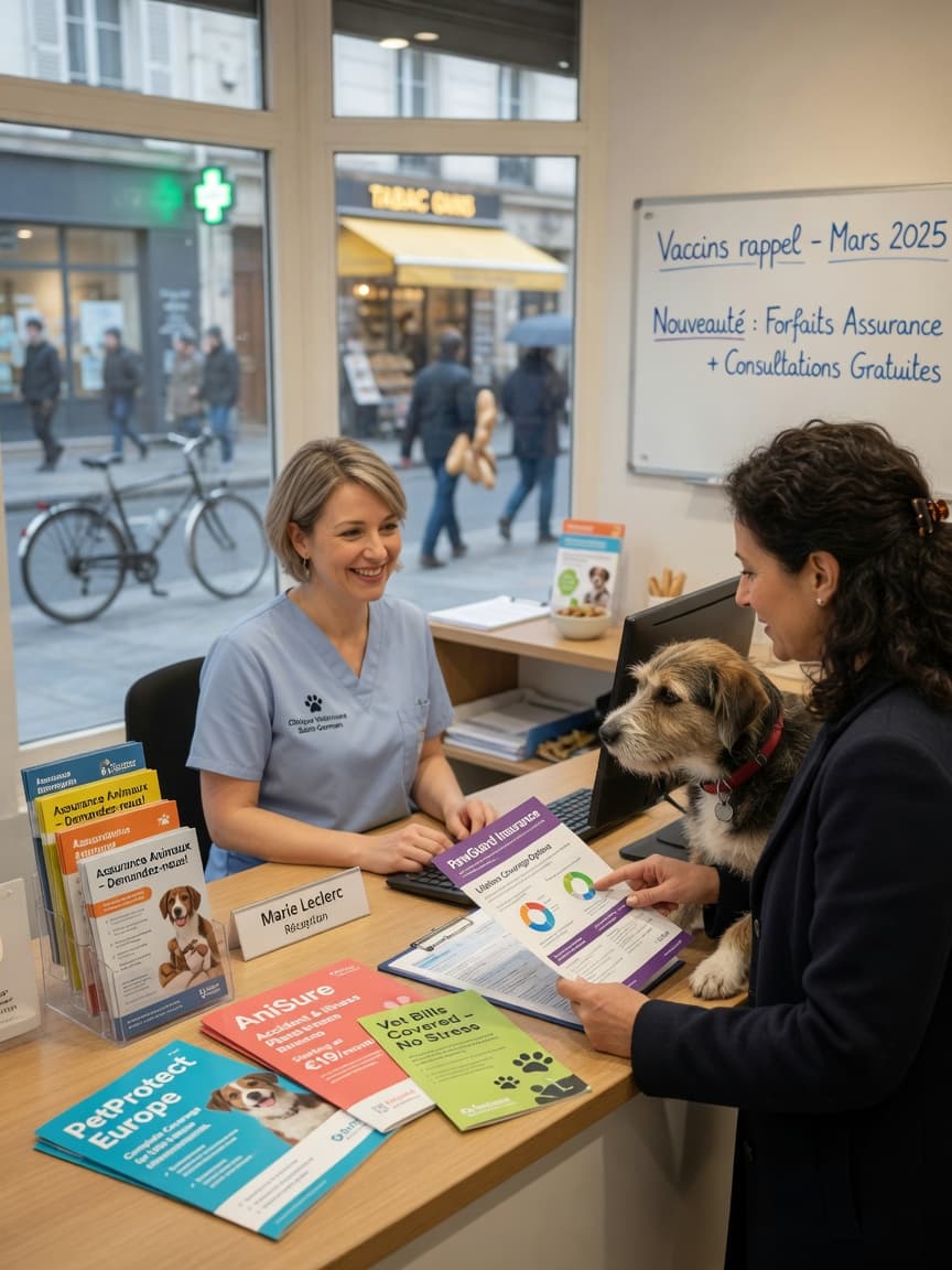 Pet owner and dog discussing insurance documents with veterinary receptionist at clinic desk