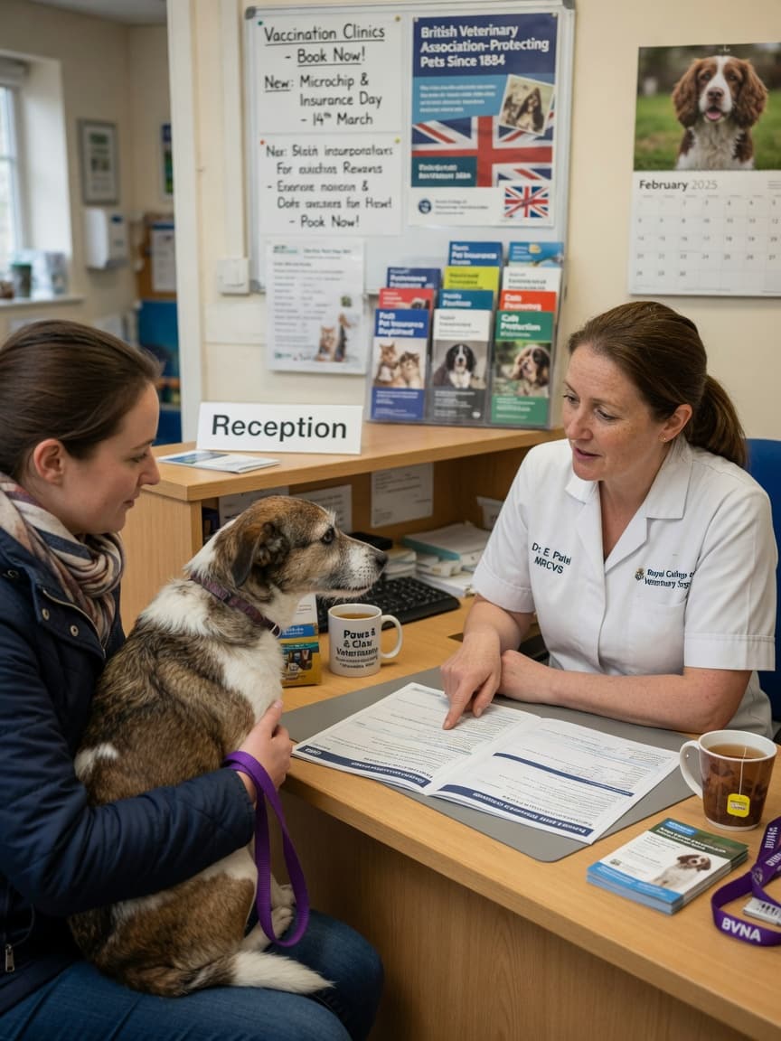 Pet owner and veterinarian discussing pet insurance policy at clinic desk