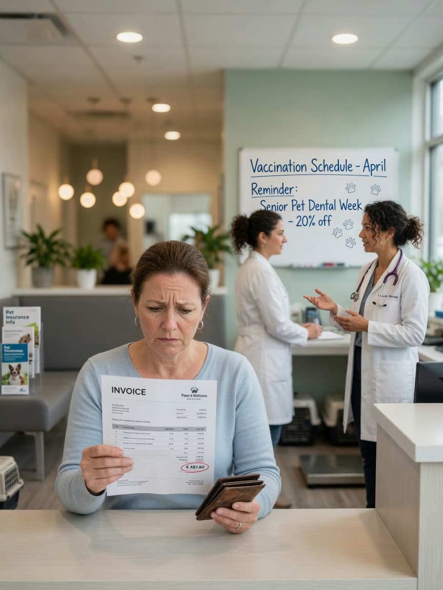 Pet owner reviewing veterinary bill with concern at clinic reception desk