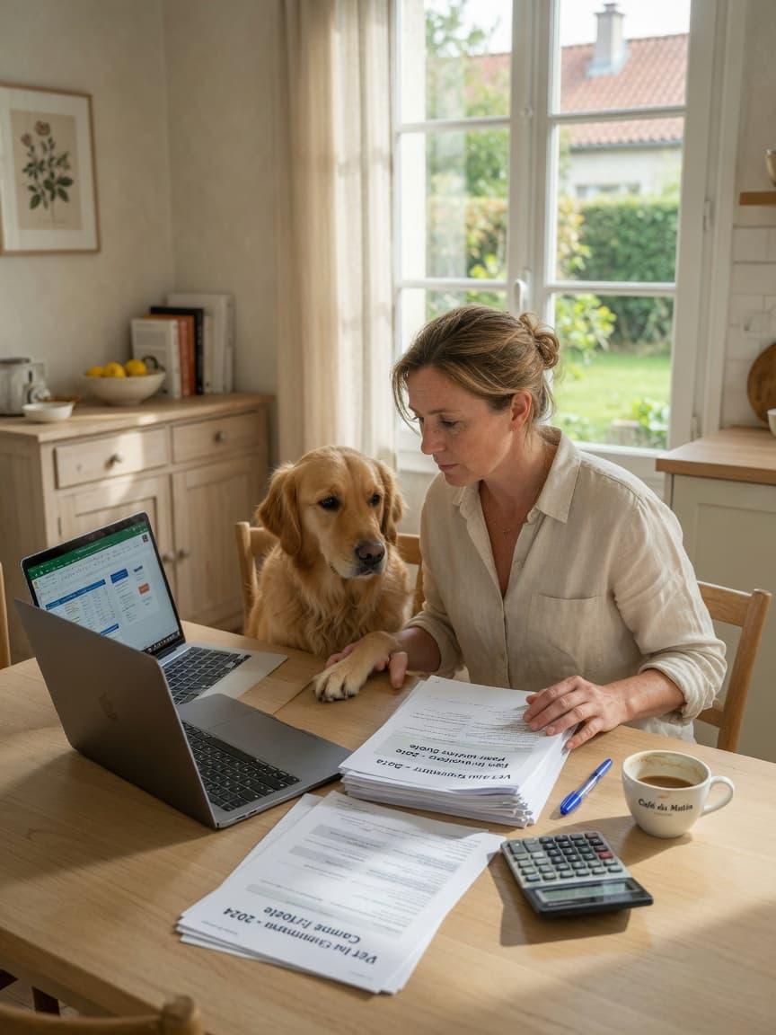 Pet owner comparing pet insurance options with vet invoices and laptop at a kitchen table while a healthy golden retriever sits nearby