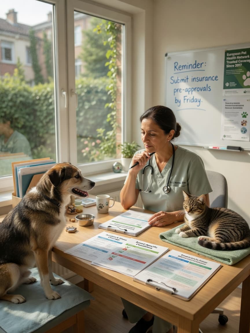 Vet reviewing pet insurance documents with a dog and cat at consultation table