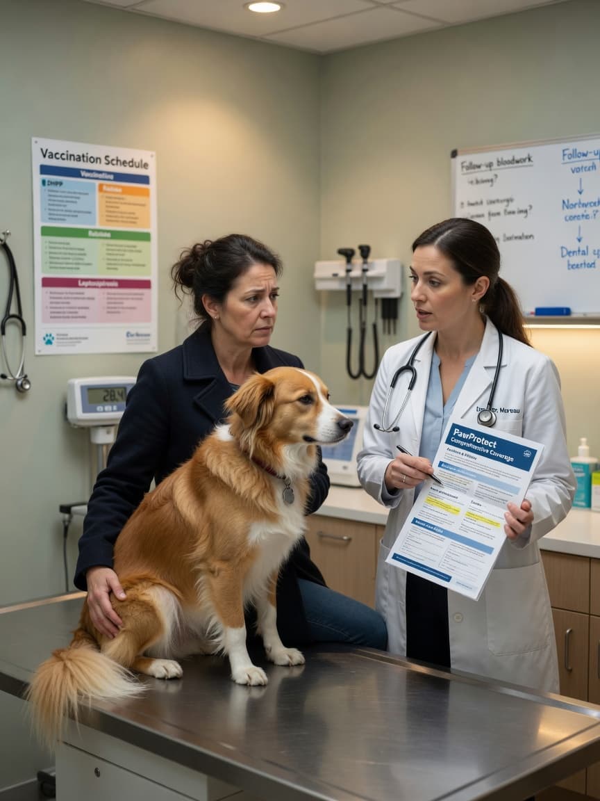 Pet owner and veterinarian discussing pet insurance coverage with a mixed-breed dog during a clinic visit