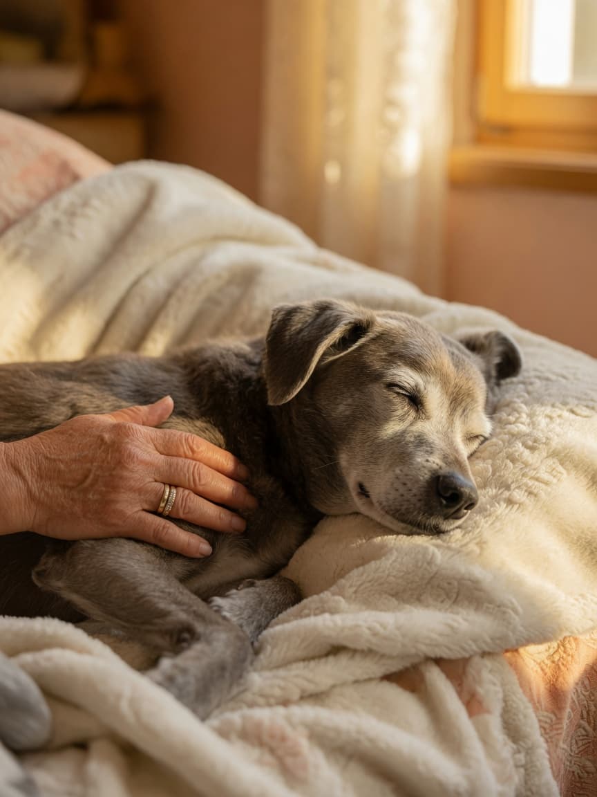 Elderly dog resting peacefully on a soft blanket with owner's gentle hand on its side, warm sunlight streaming through window