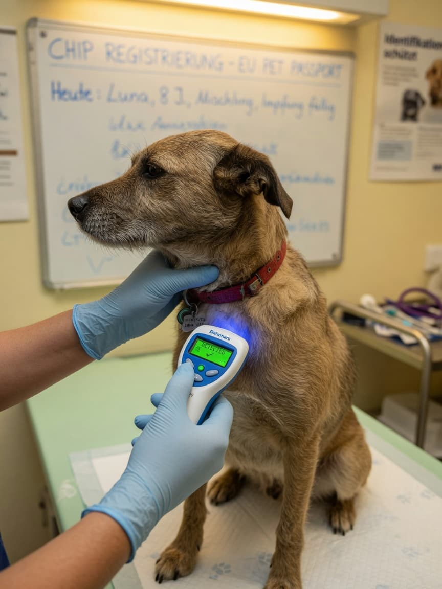 Veterinarian scanning a dog's microchip with a portable scanner during a clinic visit