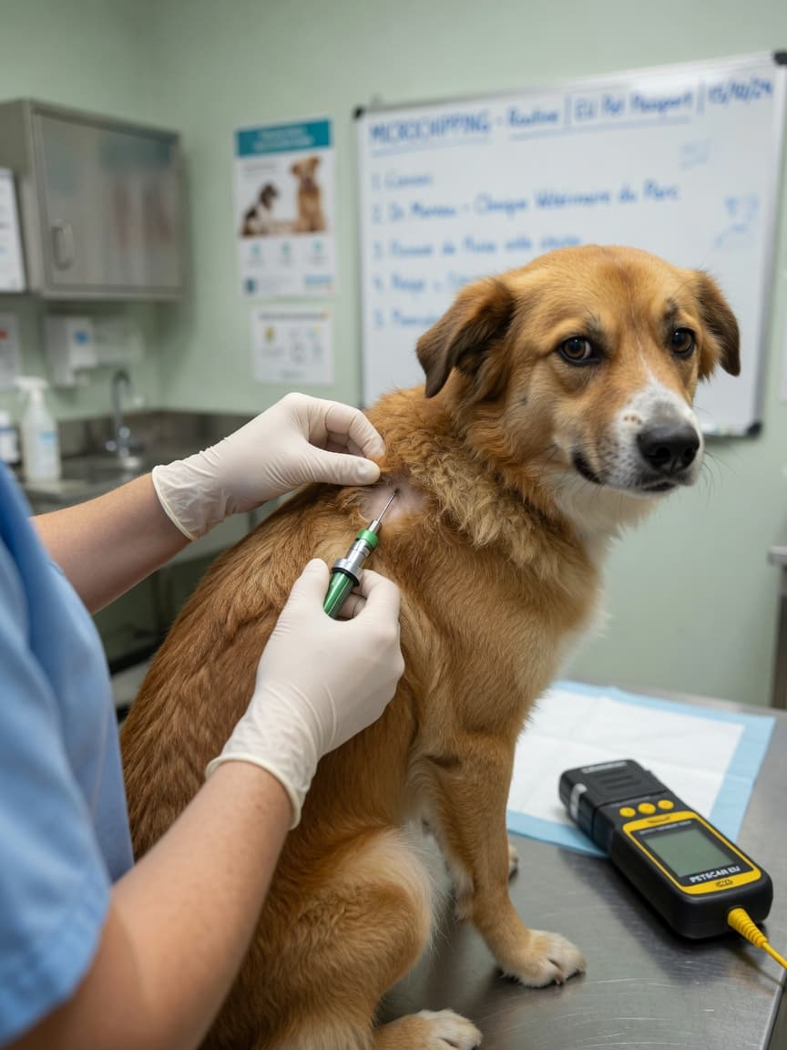 Veterinarian inserting a microchip into a dog's neck during a microchipping procedure in a modern clinic