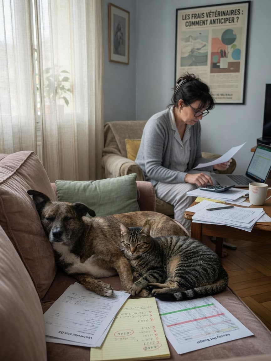 Owner reviewing pet ownership costs with a dog and cat nearby on the sofa
