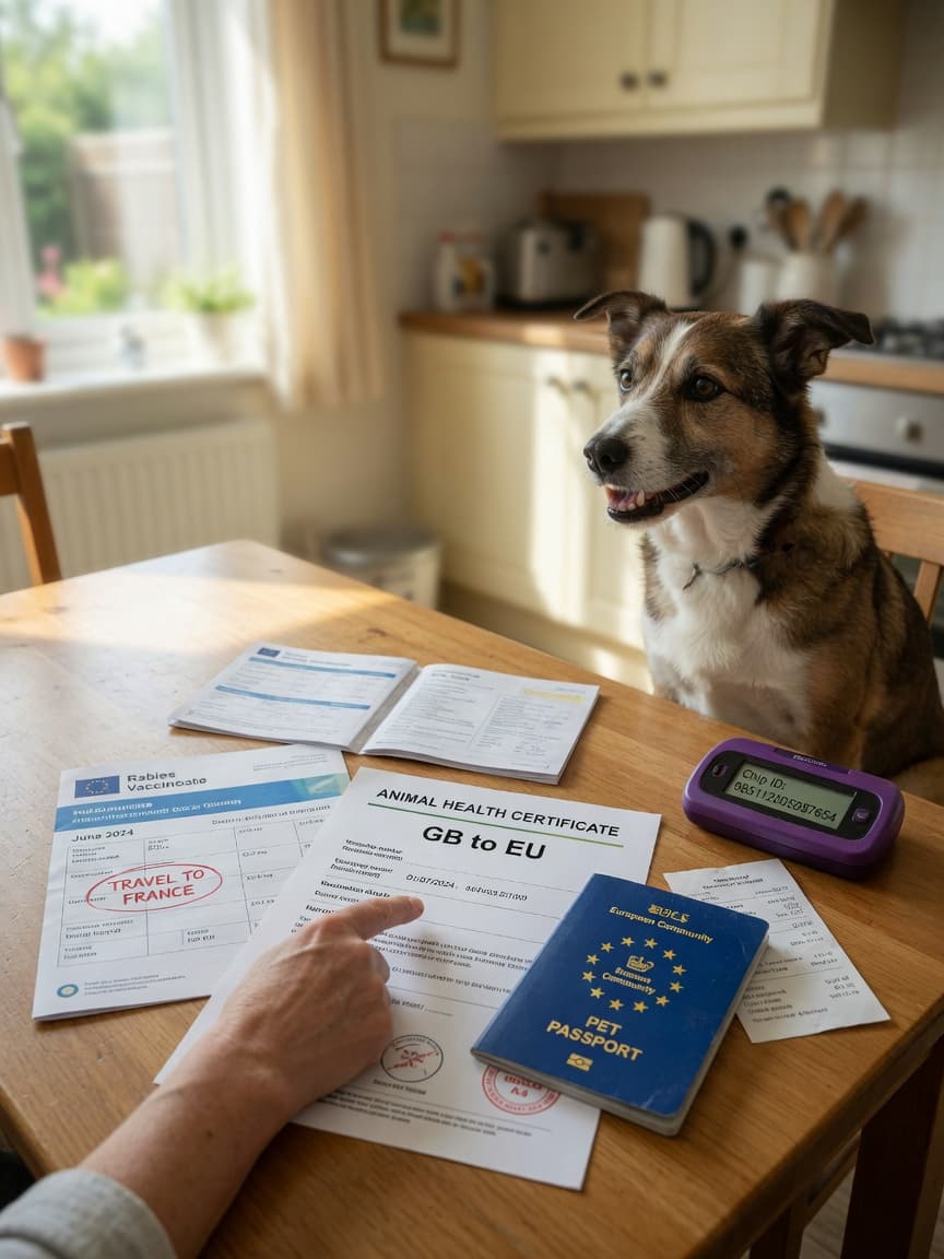 UK pet owner comparing old EU Pet Passport with new Animal Health Certificate at kitchen table with their brown and white dog