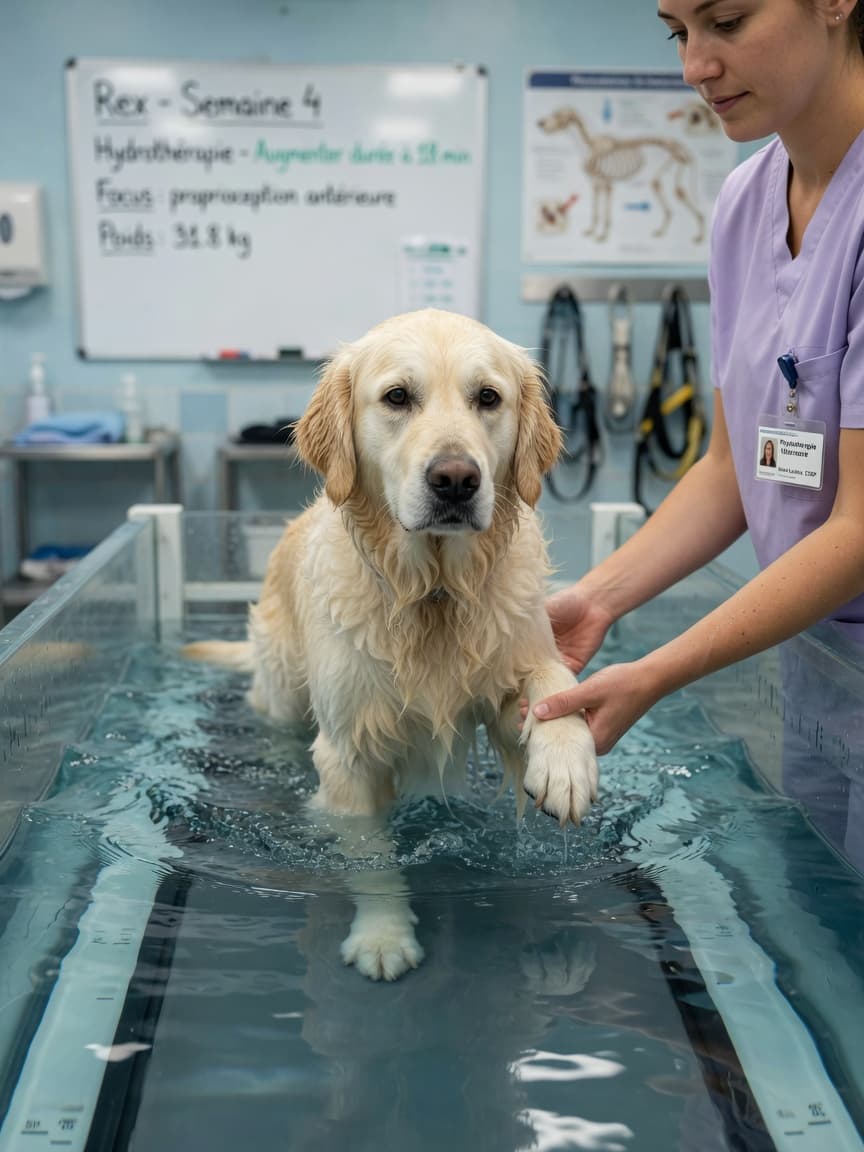 Golden retriever receiving underwater treadmill therapy with veterinary physiotherapist in professional rehabilitation center