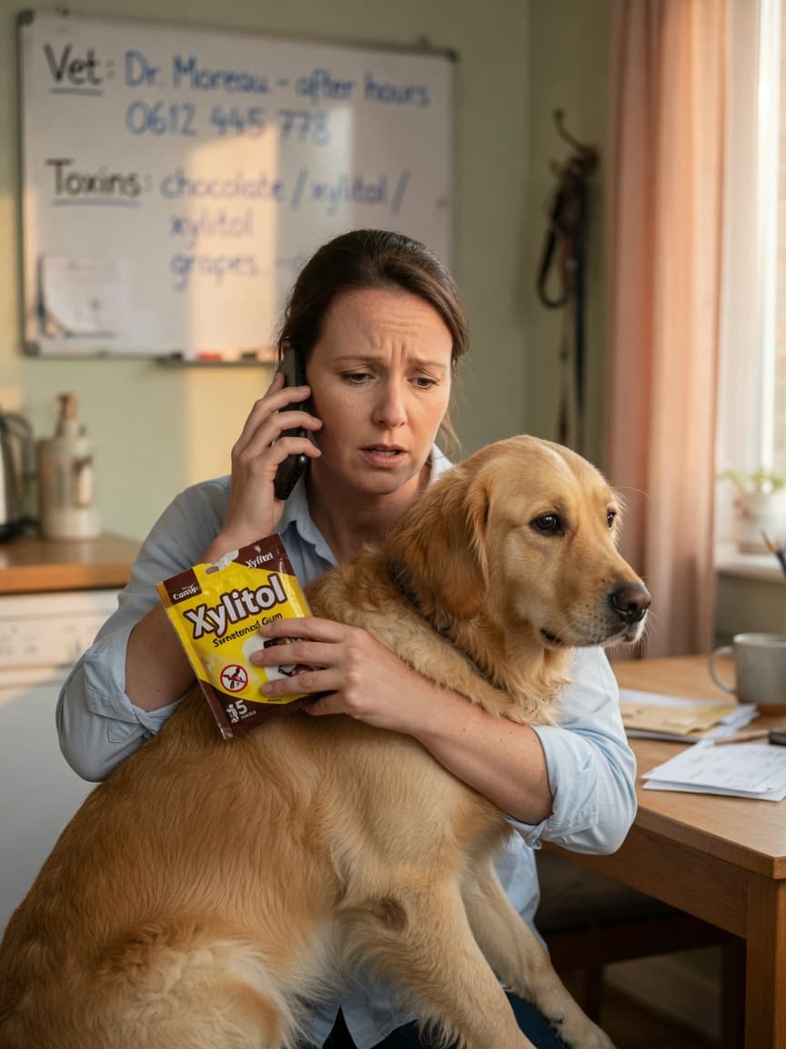 Pet owner on phone with vet while holding sick dog and showing suspicious food package