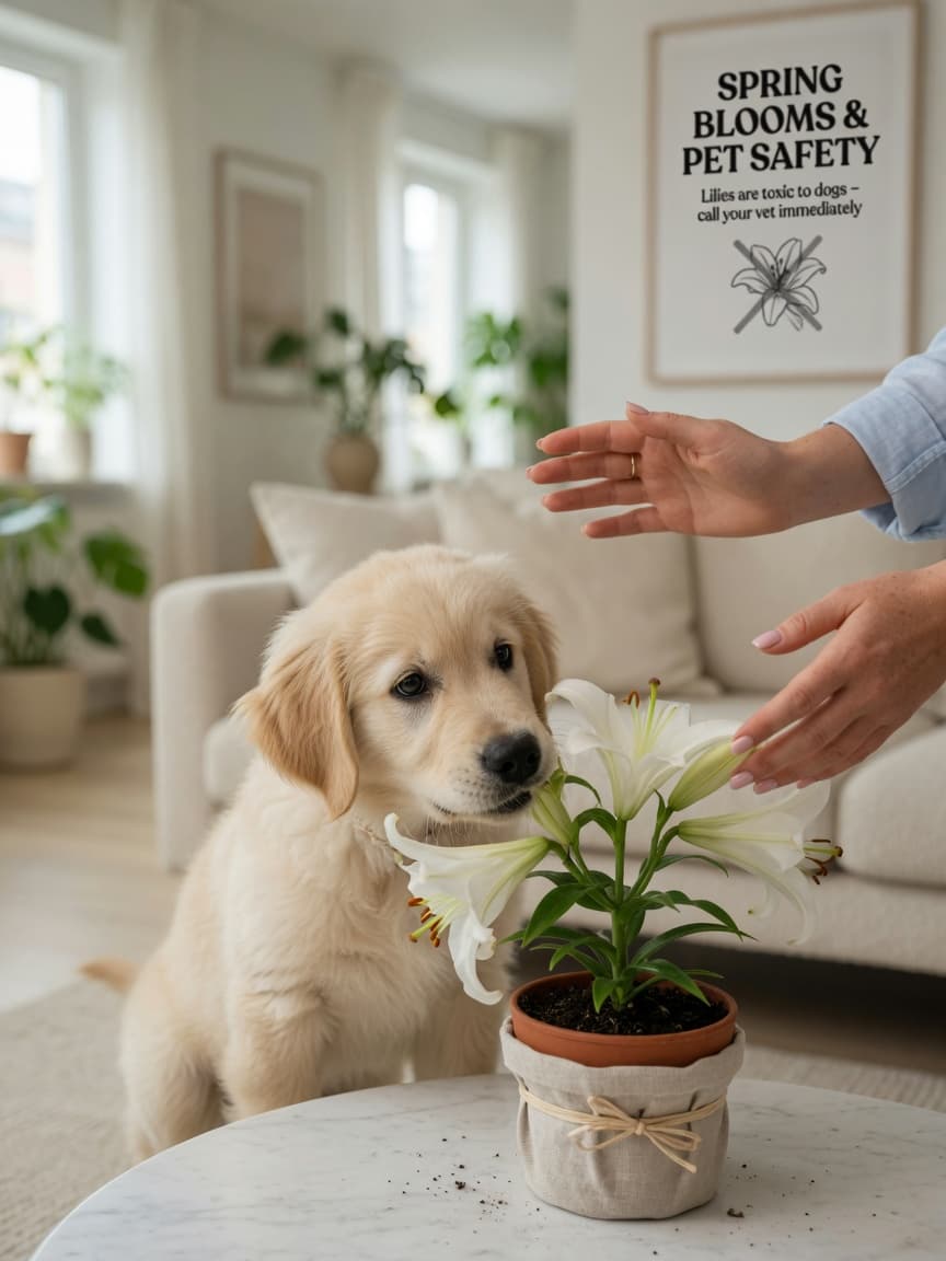 Golden retriever puppy investigating a toxic lily plant on a coffee table while owner reaches toward it