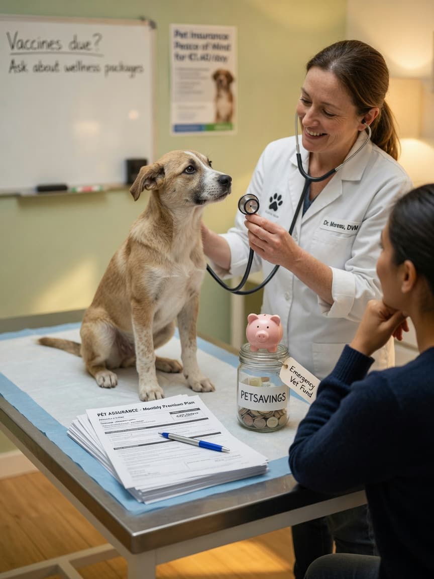 A young mixed-breed dog at a veterinary clinic examination table with insurance documents and a savings jar visible, representing the choice between pet insurance and self-insurance savings