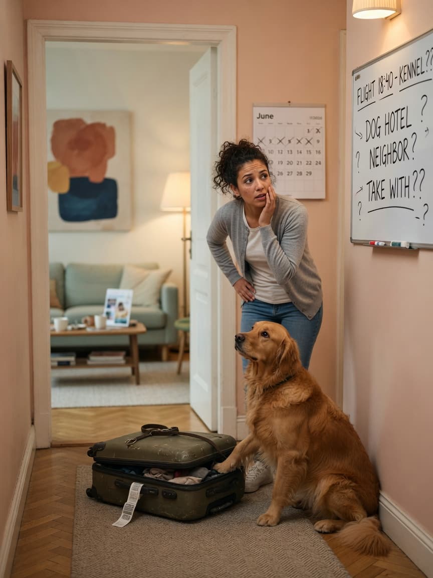 Pet owner standing in hallway with suitcase looking concerned while golden retriever sits at their feet appearing anxious