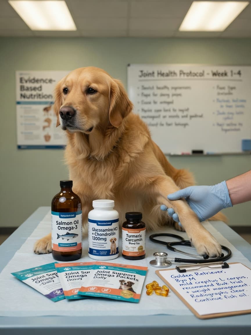 Veterinary examination showing supplement bottles and a golden retriever being assessed for joint health
