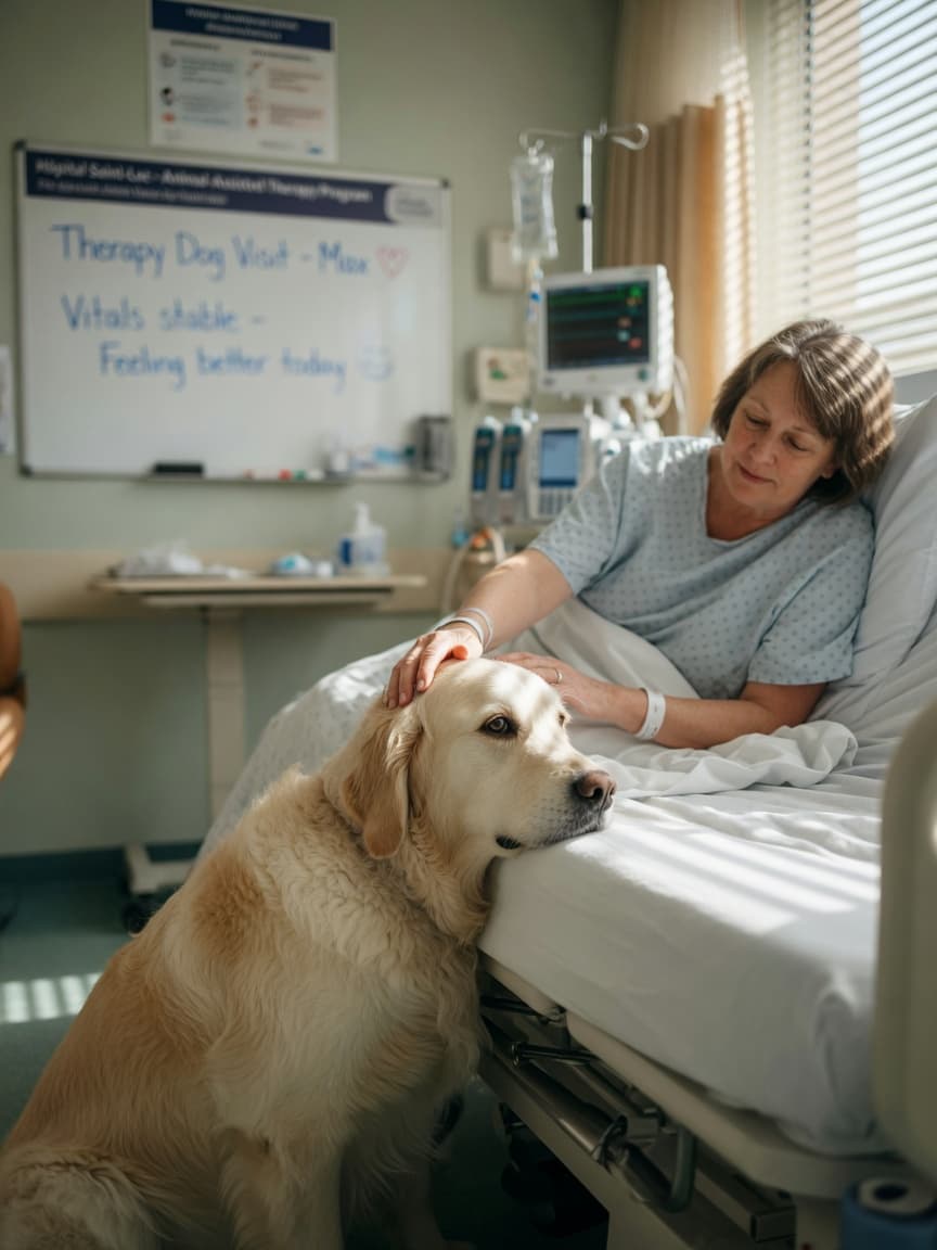 Golden retriever providing comfort to hospital patient at bedside during animal-assisted therapy session