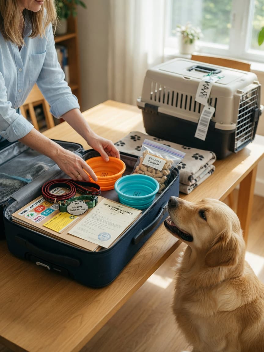 Pet owner packing travel supplies for a dog, with a golden retriever watching nearby and a carrier in the background