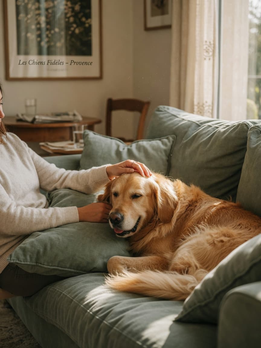 Person gently petting a golden retriever on a couch in warm natural light, showing peaceful human-animal bonding