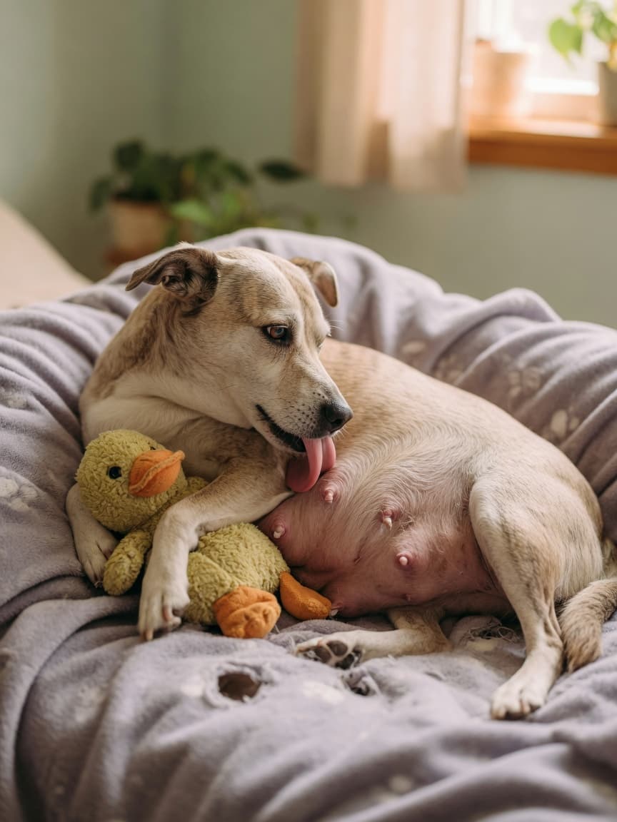 A female dog with visibly swollen mammary glands lying on soft bedding, nesting with a stuffed toy clutched beneath her body, showing signs of phantom pregnancy distress.