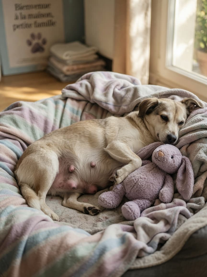 Female dog nesting with a soft toy, displaying enlarged mammary glands and maternal behavior typical of phantom pregnancy