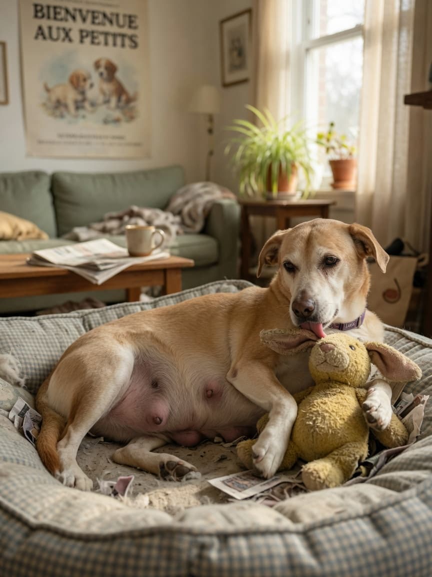 Female dog lying on bed exhibiting phantom pregnancy behaviour by mothering a stuffed toy, showing nesting instincts and maternal care for inanimate object