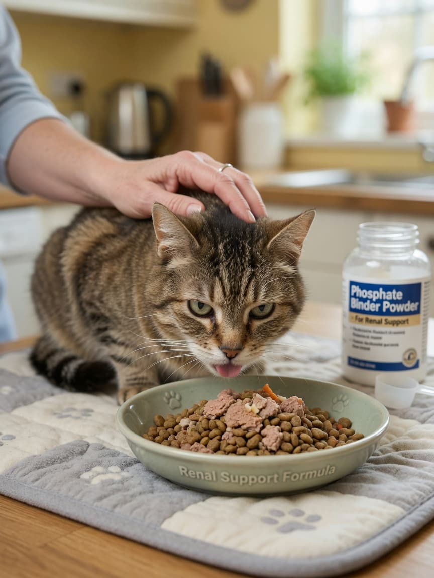 Senior tabby cat eating prescription renal diet food from a bowl with veterinarian's hand gently supporting the cat's care