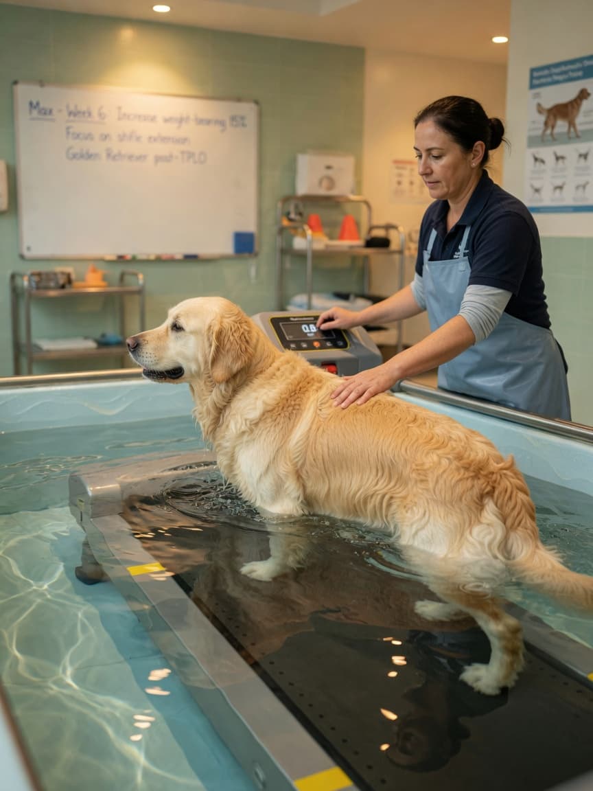 Canine physiotherapist guiding a golden retriever through underwater treadmill hydrotherapy session for post-injury recovery
