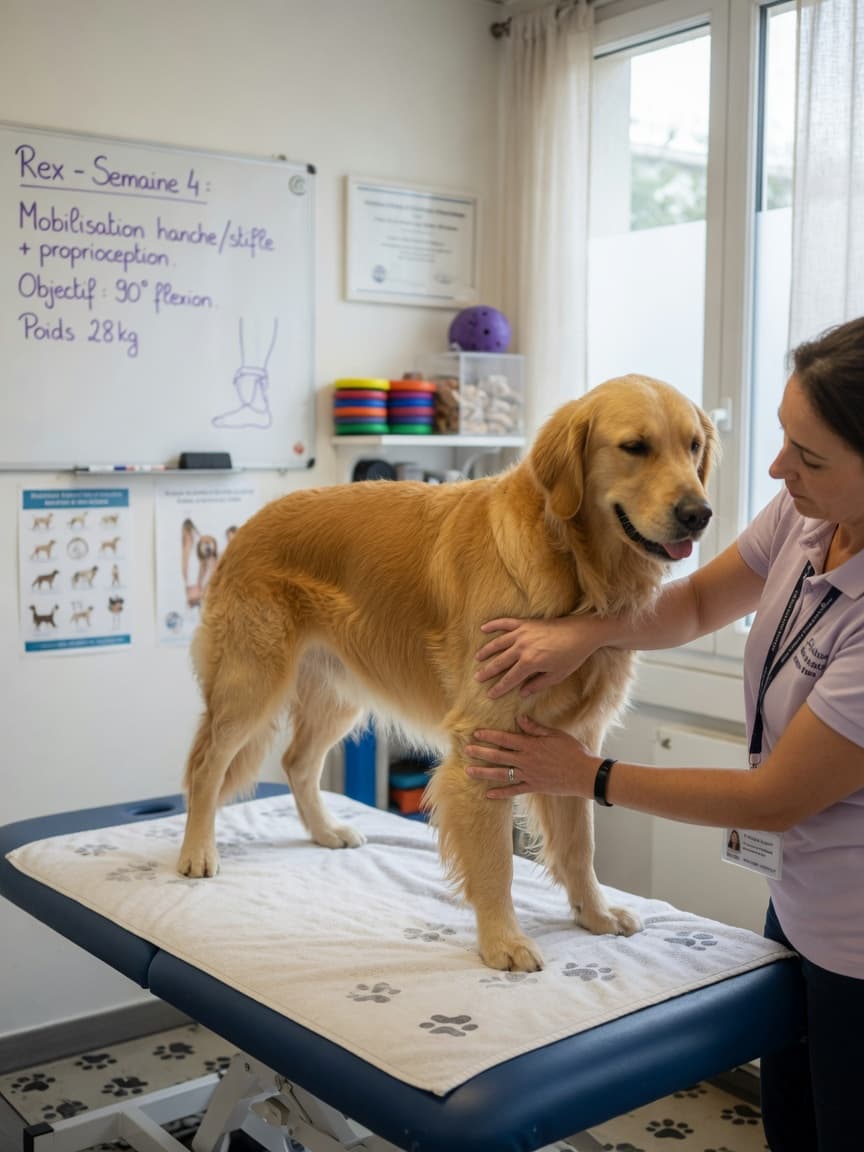 Veterinary physiotherapist performing hands-on manual therapy on a dog's hind leg in a professional clinic setting