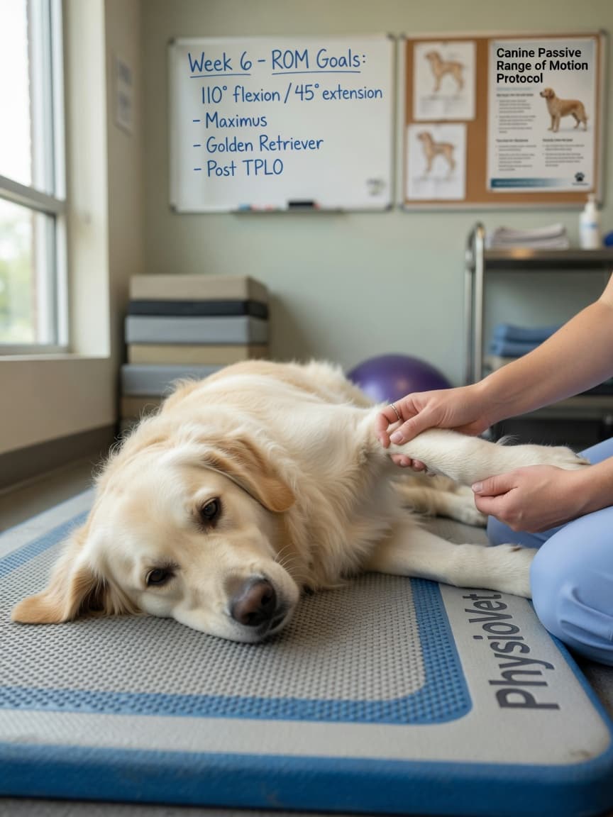 Golden retriever receiving passive knee flexion physiotherapy on a rehabilitation mat