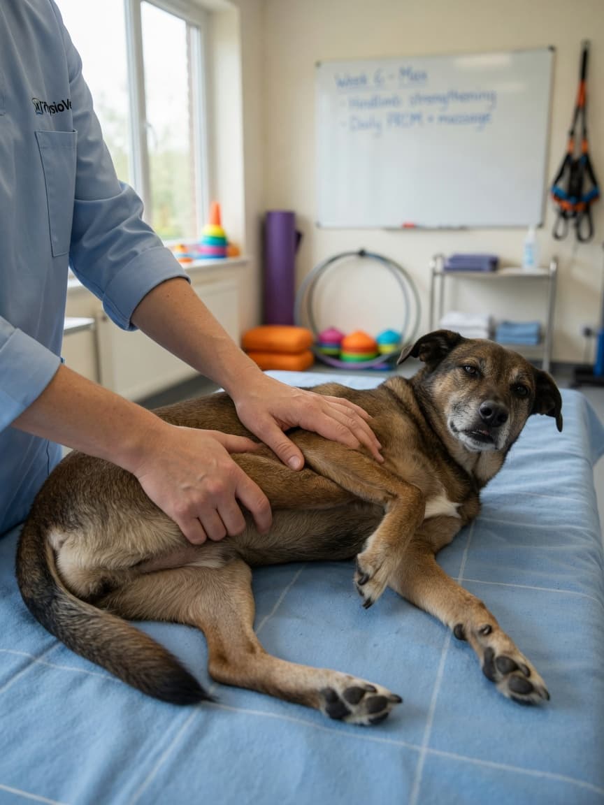 Veterinary physiotherapist performing therapeutic massage on a dog's leg during a treatment session