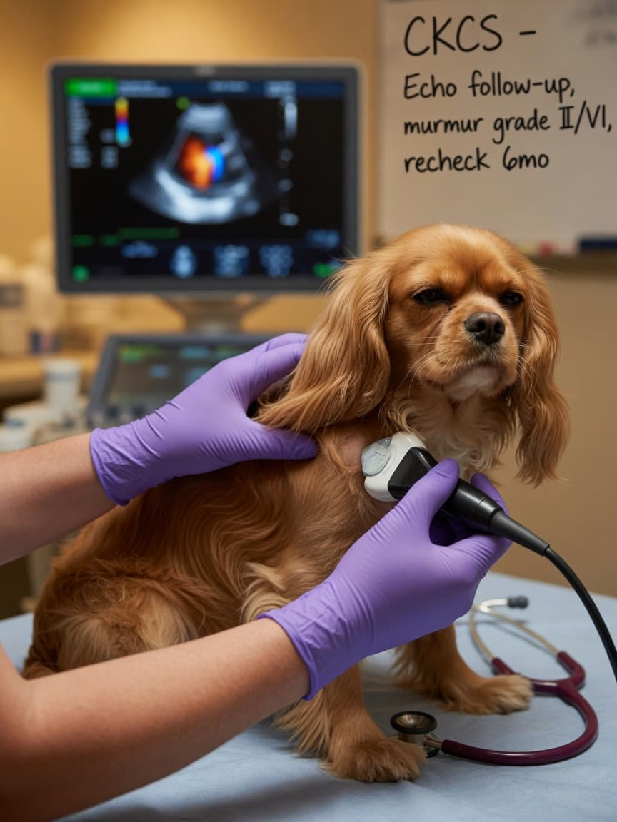 Veterinary cardiologist performing echocardiogram on a Cavalier King Charles Spaniel to assess heart health during pimobendan treatment