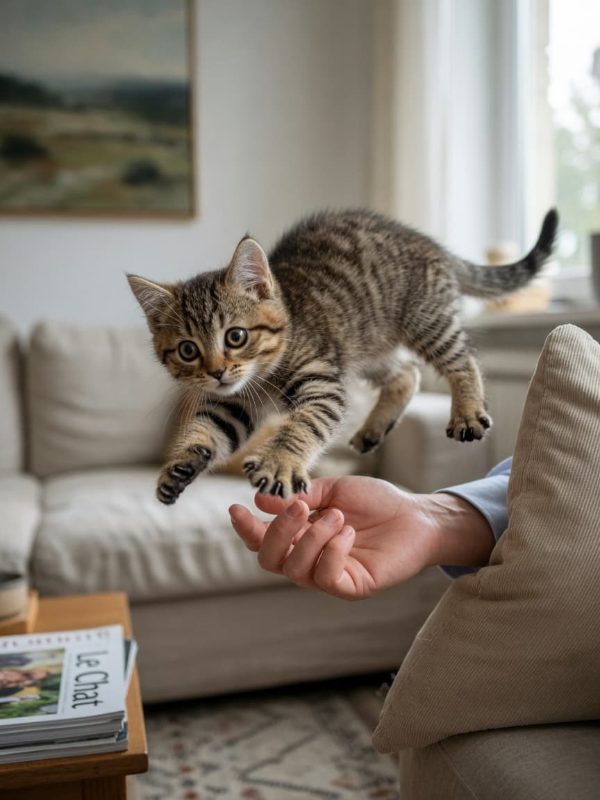 Tabby kitten in mid-play pounce on a human hand, showing dilated pupils and arched back with relaxed body posture characteristic of normal kitten play aggression