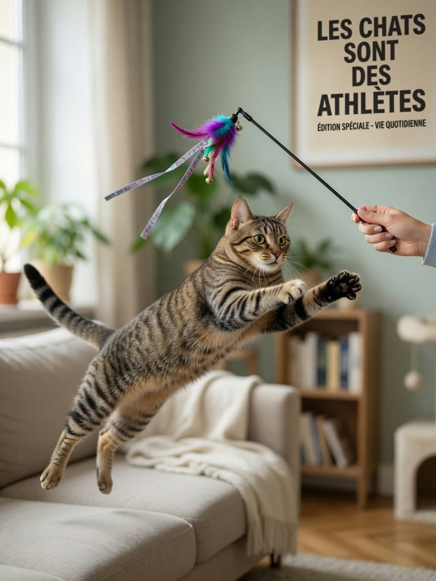 Adult tabby cat pouncing on a feather wand toy held by an owner's hand during interactive play session
