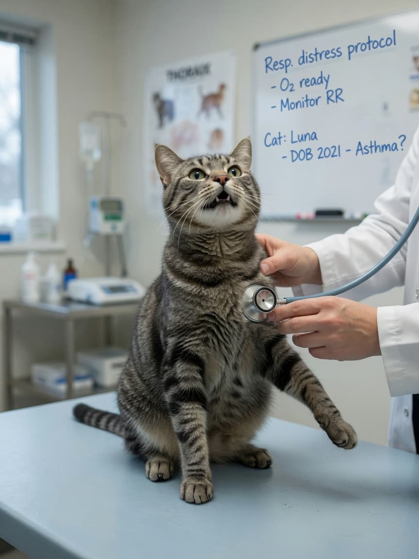 Grey tabby cat in orthopneic posture during veterinary chest examination