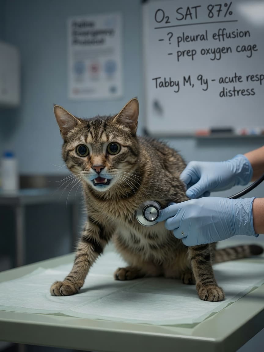 Distressed tabby cat in respiratory distress during veterinary examination, showing labored breathing and pale gums