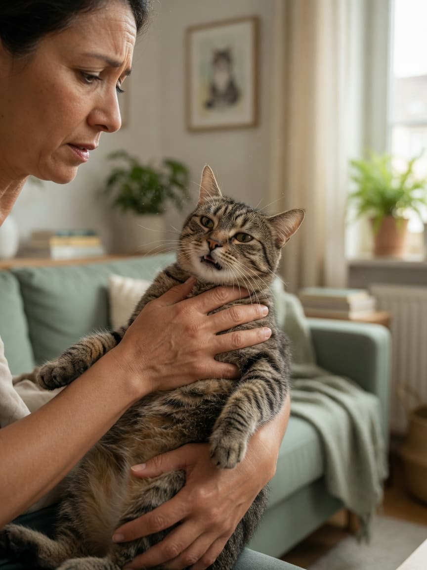 Cat owner checking breathing of tabby cat showing signs of respiratory distress at home