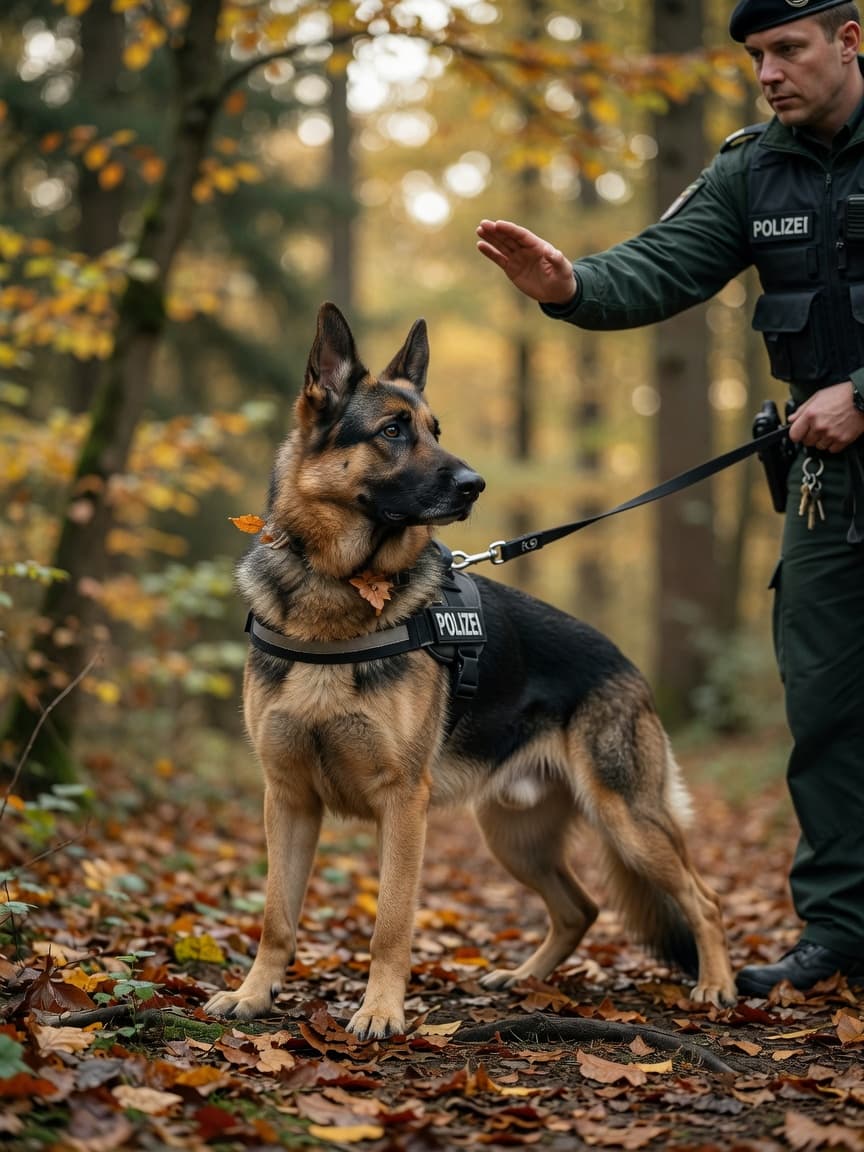 German Shepherd police dog in training harness standing beside uniformed handler in woodland setting